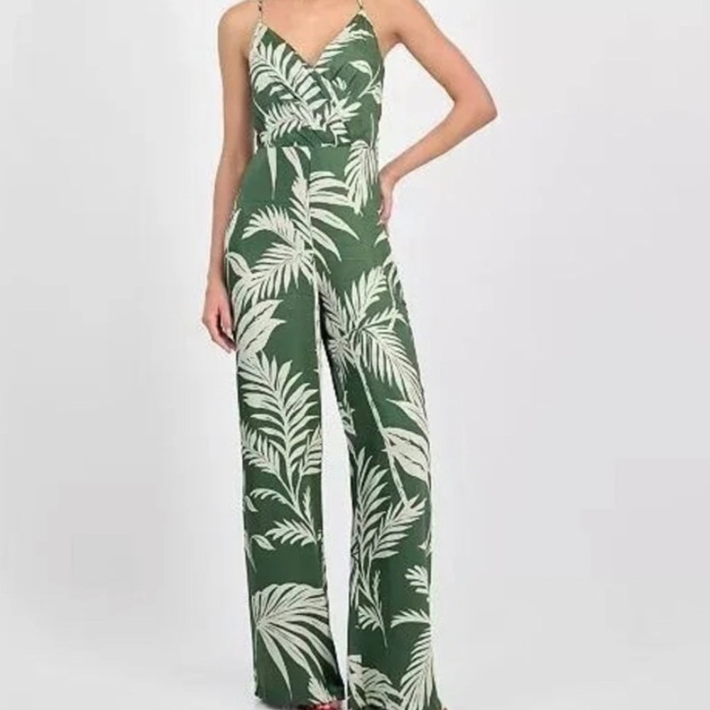 Guess Yasmin Satin Jumpsuit Plunge Surplice Green Wide Leg Open Back XS